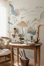 Seabirds wallpaper by Sandberg – chinoiserie design, Blue – Misty Blue