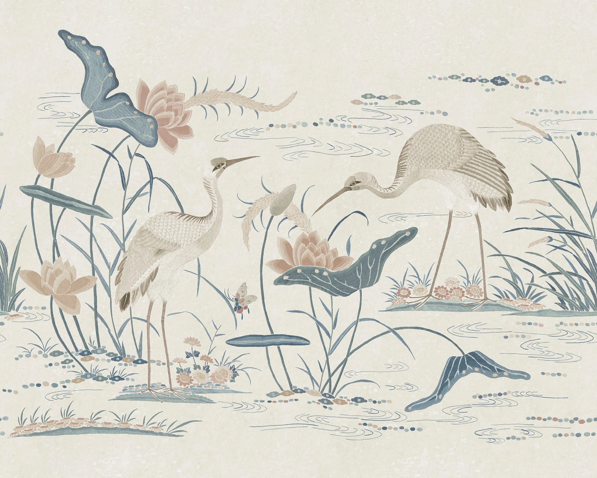 Seabirds wallpaper by Sandberg – chinoiserie design, Blue – Misty Blue
