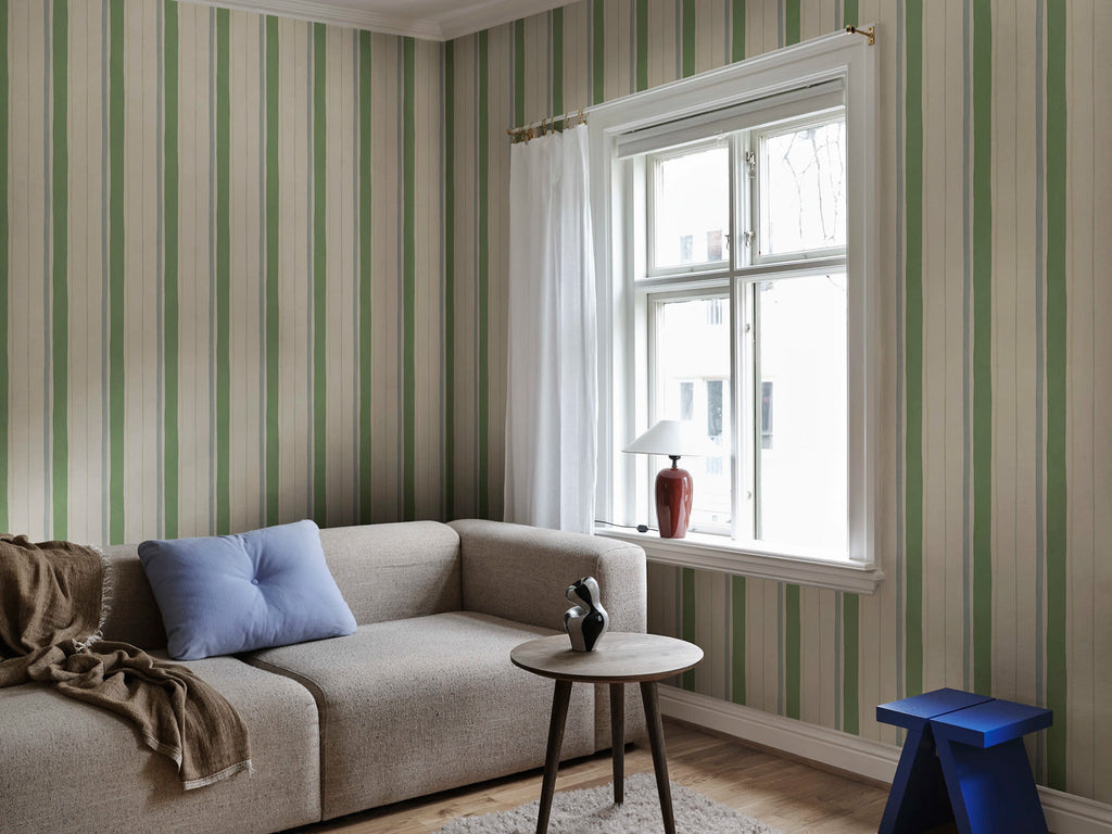 Billie wallpaper by Sandberg – stripe design, Green – styled in a room setting