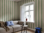 Billie wallpaper by Sandberg – stripe design, Green – styled in a room setting