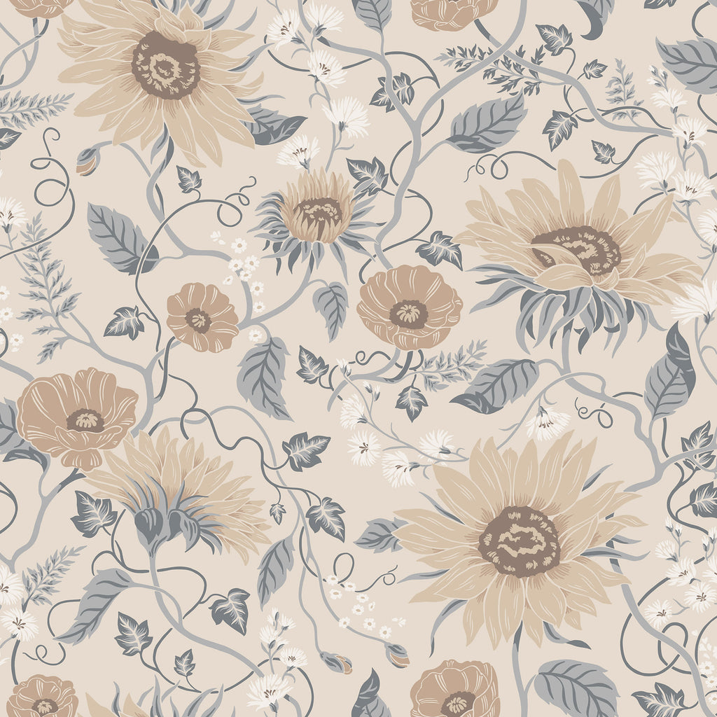 Solveig wallpaper by Sandberg, sunflower and poppy floral in soft beige with slate-grey leaves and tan blooms