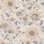 Solveig wallpaper by Sandberg, sunflower and poppy floral in soft beige with slate-grey leaves and tan blooms