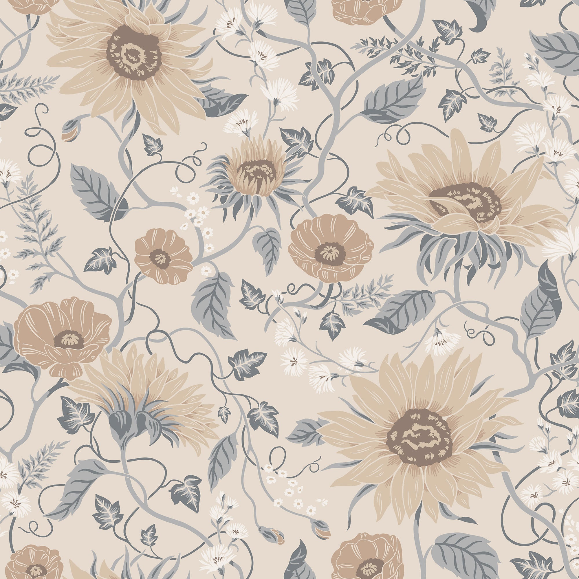 Solveig wallpaper by Sandberg, sunflower and poppy floral in soft beige with slate-grey leaves and tan blooms