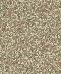 Linnea wallpaper by Sandberg in sage green and terracotta honeysuckle on a soft beige ground, flat roll swatch