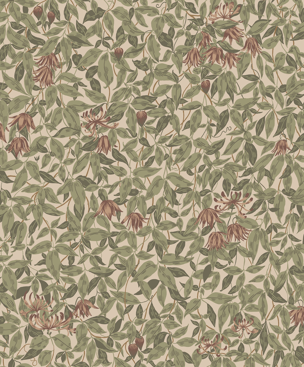 Linnea wallpaper by Sandberg in sage green and terracotta honeysuckle on a soft beige ground, flat roll swatch