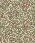 Linnea wallpaper by Sandberg in sage green and terracotta honeysuckle on a soft beige ground, flat roll swatch