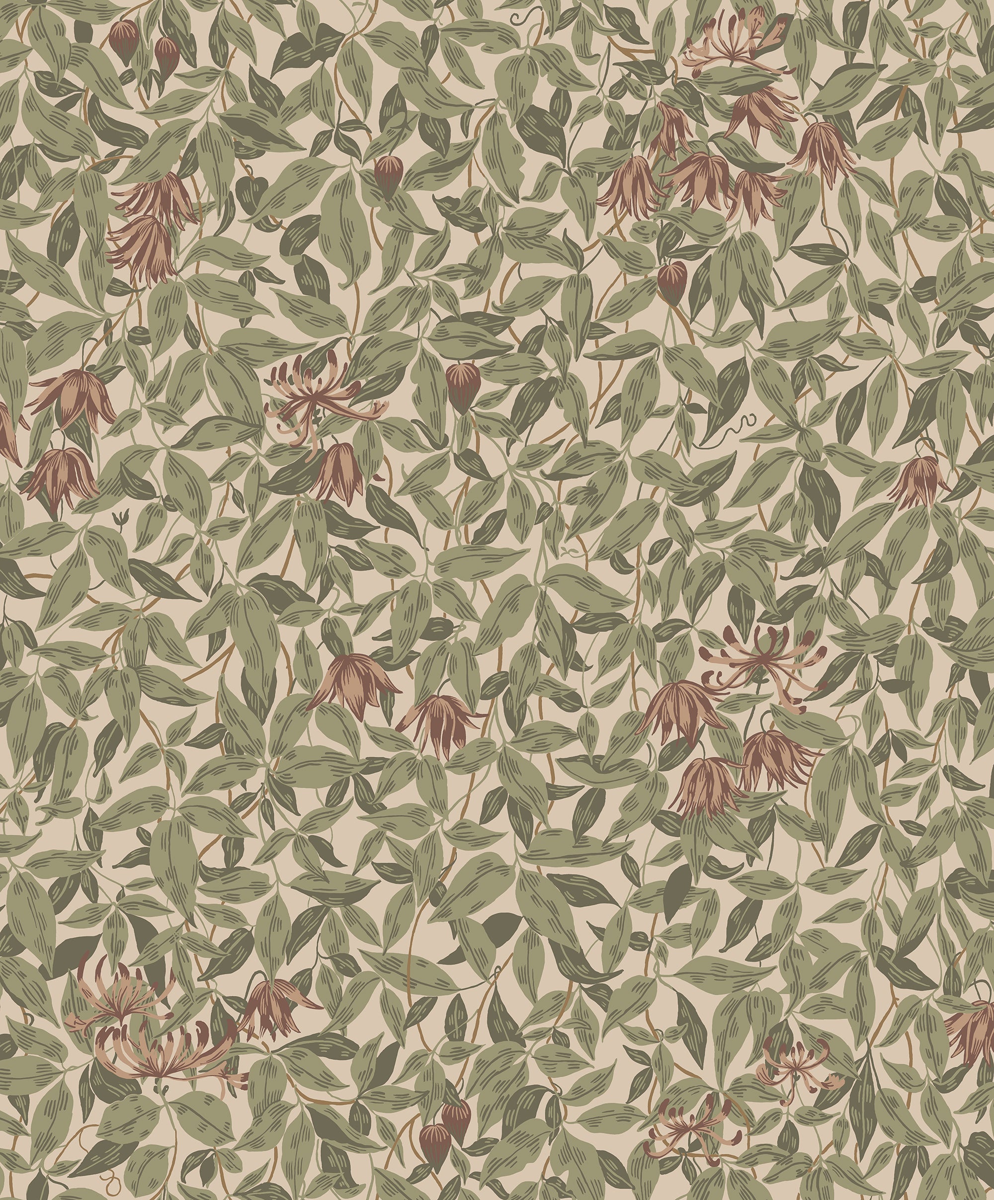 Linnea wallpaper by Sandberg in sage green and terracotta honeysuckle on a soft beige ground, flat roll swatch