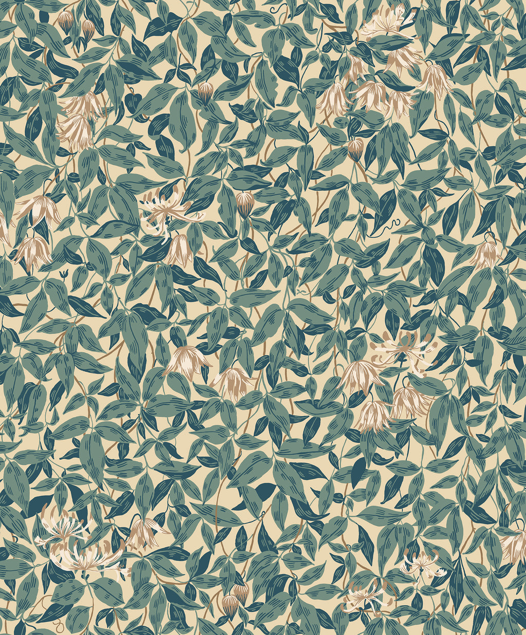 Linnea wallpaper by Sandberg, trailing honeysuckle leaves and flowers in teal-green on cream, flat roll swatch