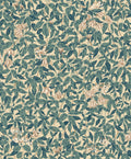 Linnea wallpaper by Sandberg, trailing honeysuckle leaves and flowers in teal-green on cream, flat roll swatch