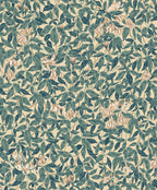 Linnea wallpaper by Sandberg, trailing honeysuckle leaves and flowers in teal-green on cream, flat roll swatch