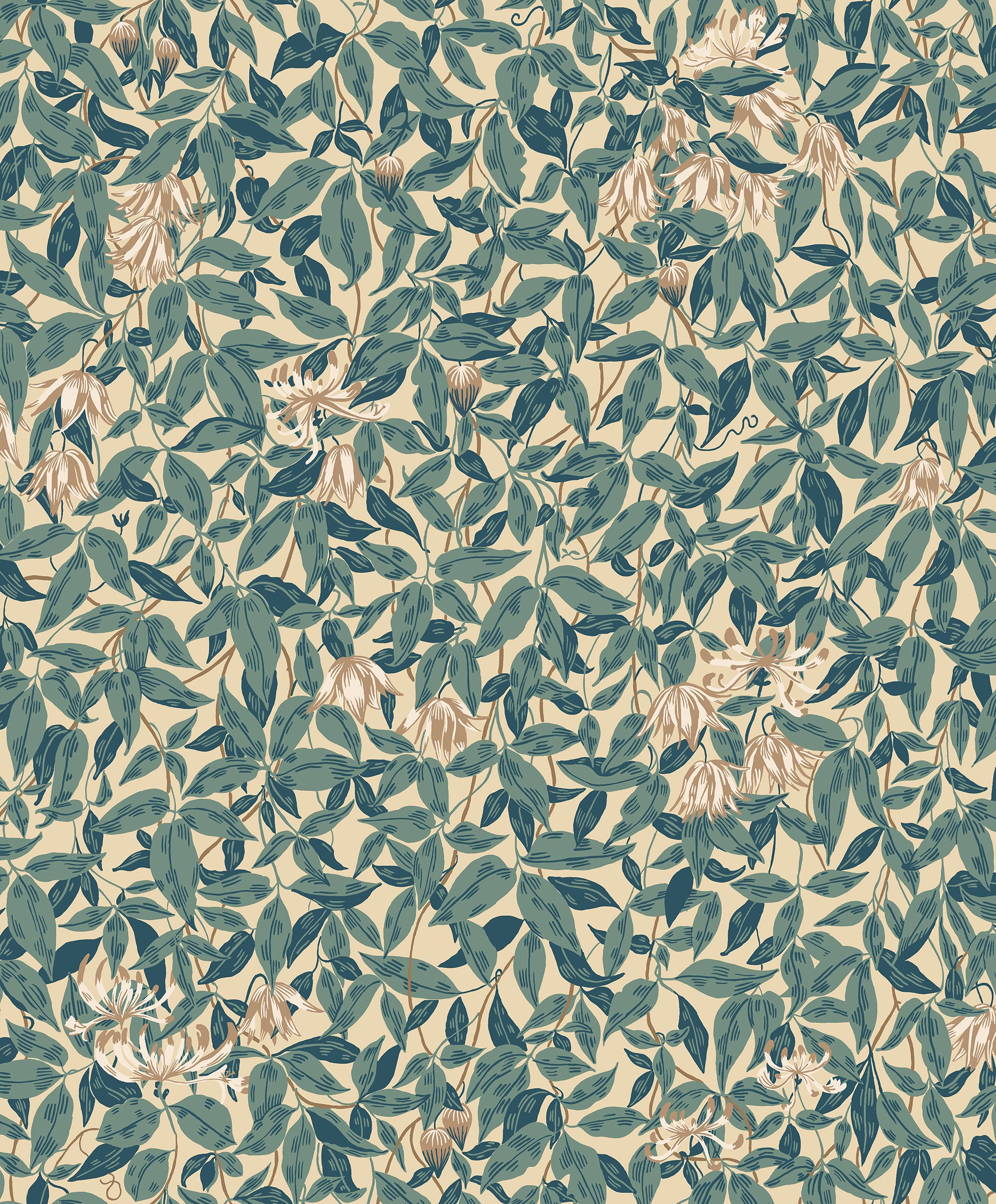 Linnea wallpaper by Sandberg, trailing honeysuckle leaves and flowers in teal-green on cream, flat roll swatch