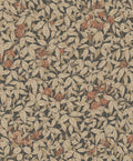 Linnea wallpaper by Sandberg, pale leaves and rust honeysuckle on a dark charcoal background, flat roll swatch