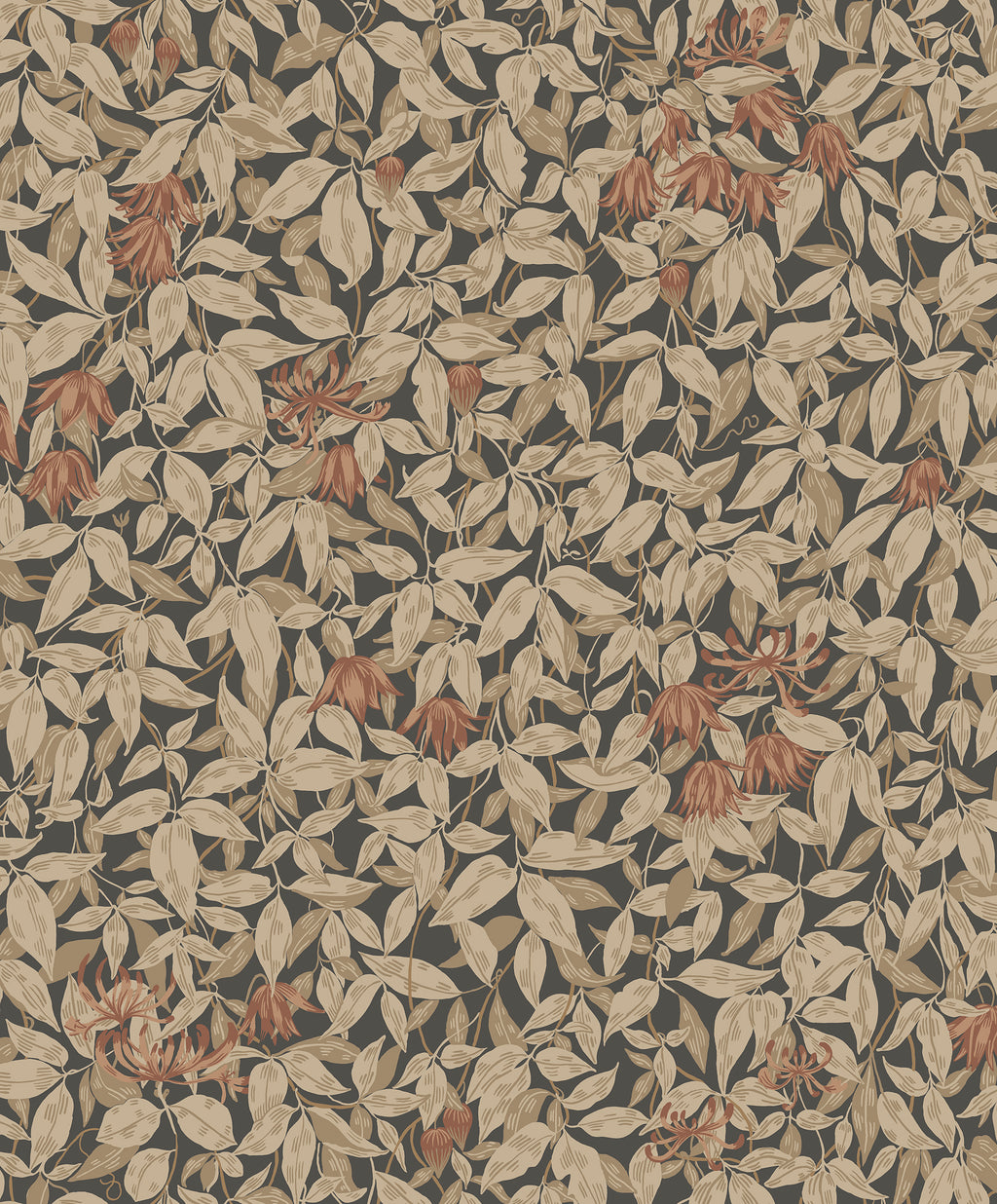 Linnea wallpaper by Sandberg, pale leaves and rust honeysuckle on a dark charcoal background, flat roll swatch