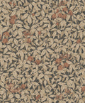 Linnea wallpaper by Sandberg, pale leaves and rust honeysuckle on a dark charcoal background, flat roll swatch