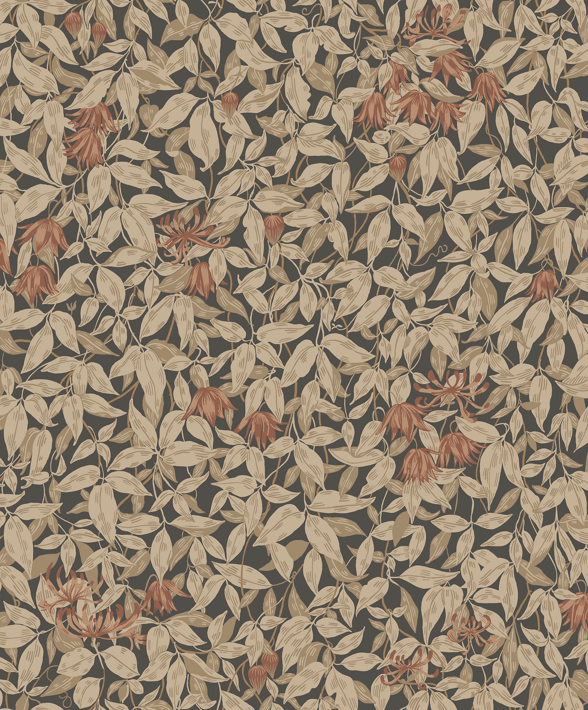 Linnea wallpaper by Sandberg, pale leaves and rust honeysuckle on a dark charcoal background, flat roll swatch