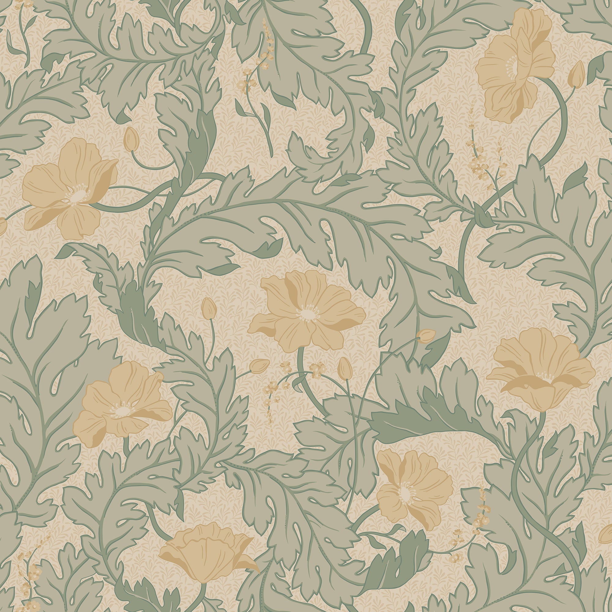 Charlotta wallpaper by Sandberg, soft yellow poppies and sage scrolling leaves on cream, flat swatch