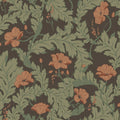 Charlotta wallpaper by Sandberg, terracotta poppies and sage leaves on dark green, flat swatch