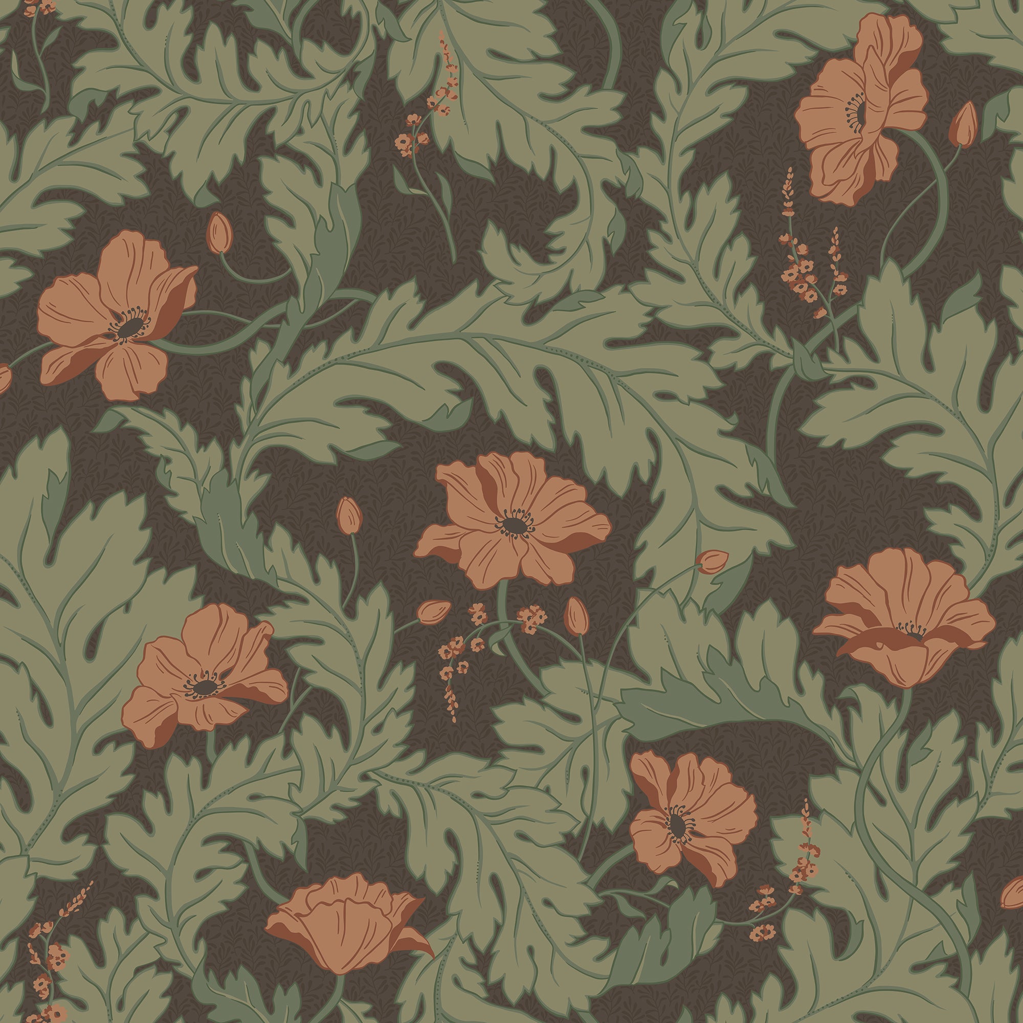 Charlotta wallpaper by Sandberg, terracotta poppies and sage leaves on dark green, flat swatch