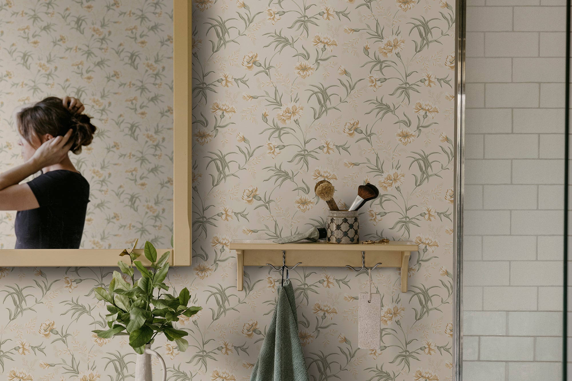 Emilie wallpaper by Sandberg in Honey, styled on an interior wall