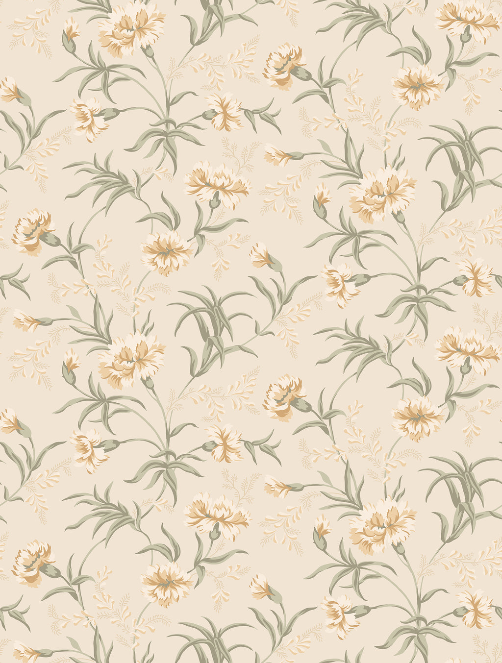 Emilie wallpaper by Sandberg, soft apricot and green carnations scattered over a pale cream ground, flat swatch