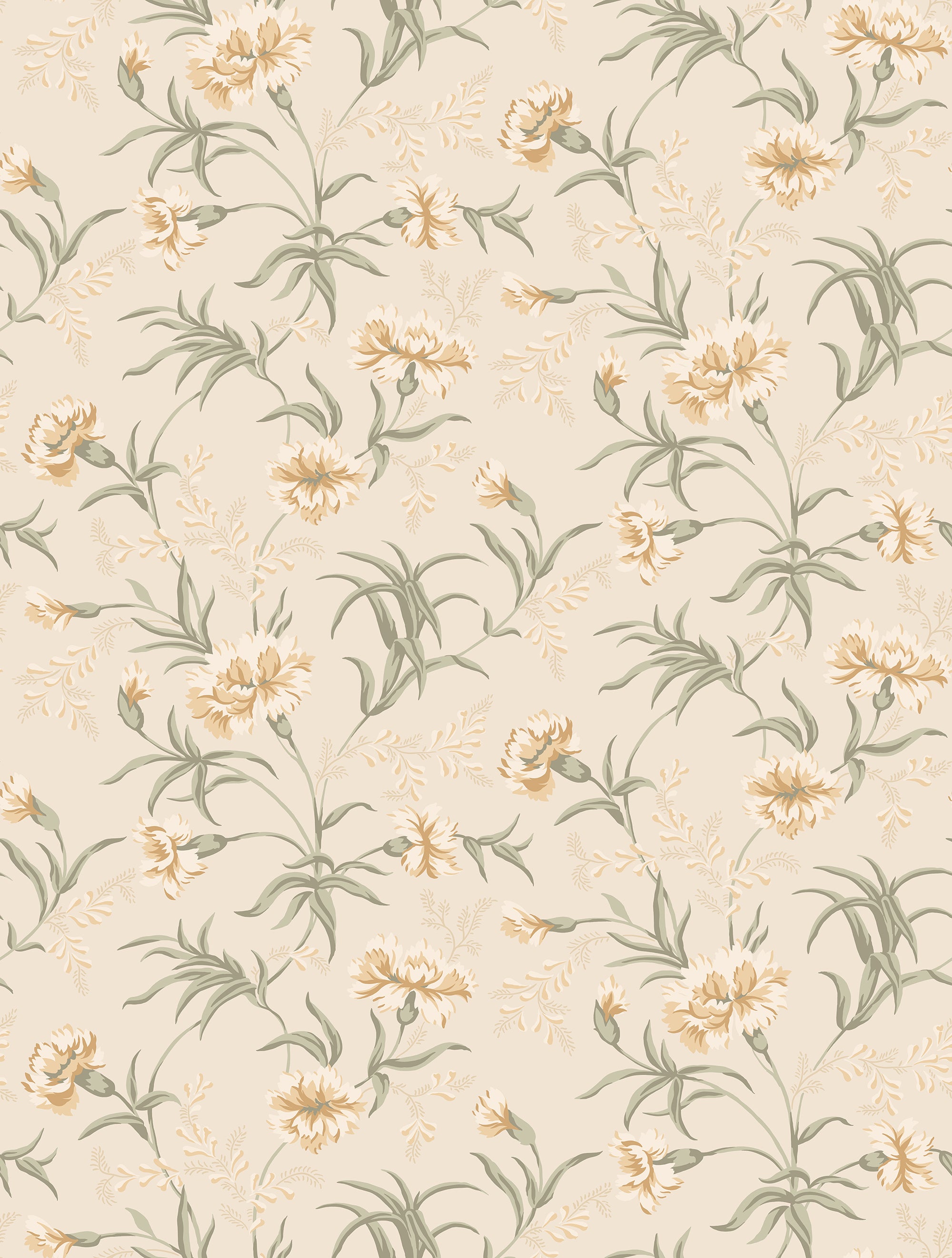 Emilie wallpaper by Sandberg, soft apricot and green carnations scattered over a pale cream ground, flat swatch