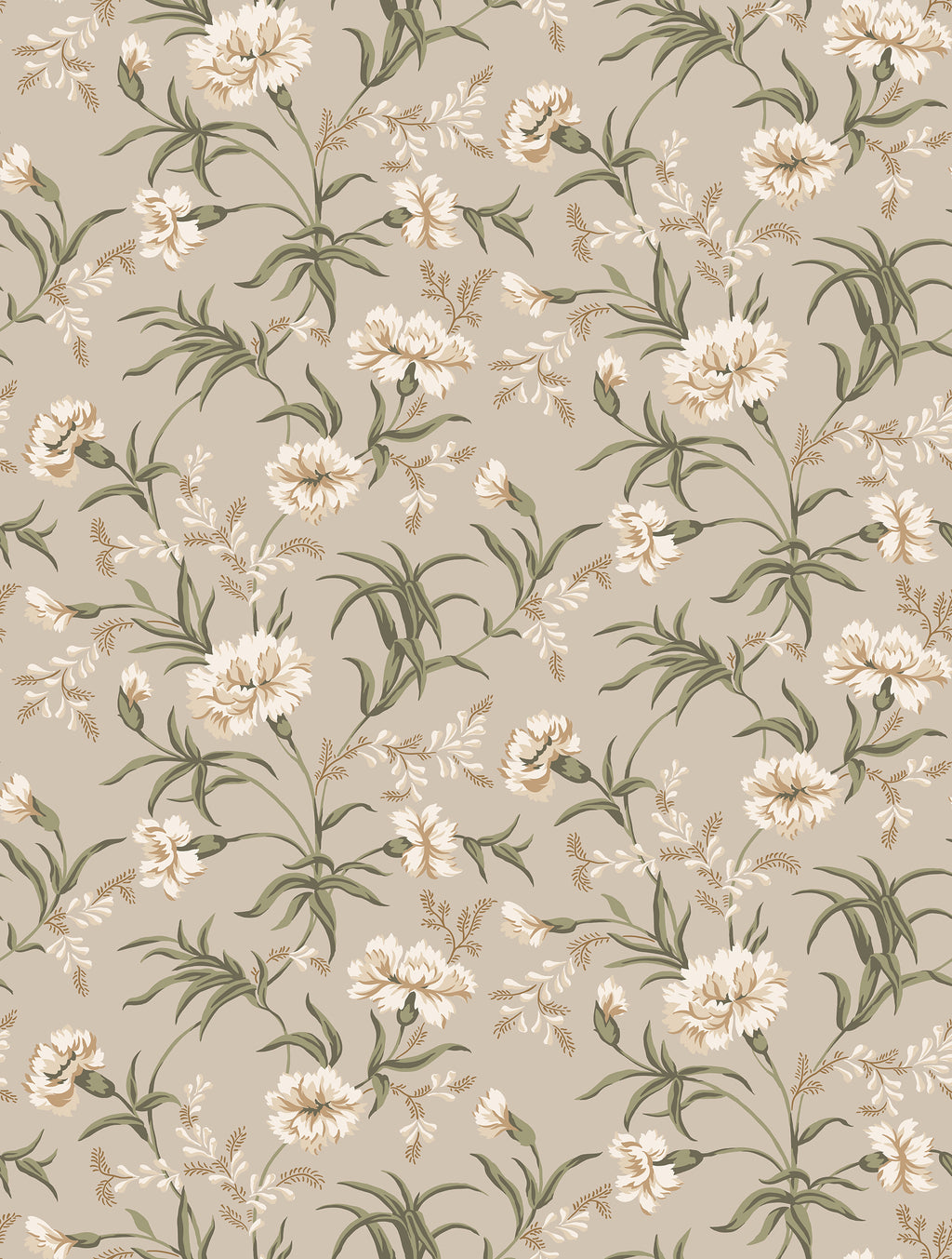 Emilie wallpaper by Sandberg, trailing carnations in cream and sage green on a soft beige ground, flat swatch