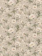 Emilie wallpaper by Sandberg, trailing carnations in cream and sage green on a soft beige ground, flat swatch