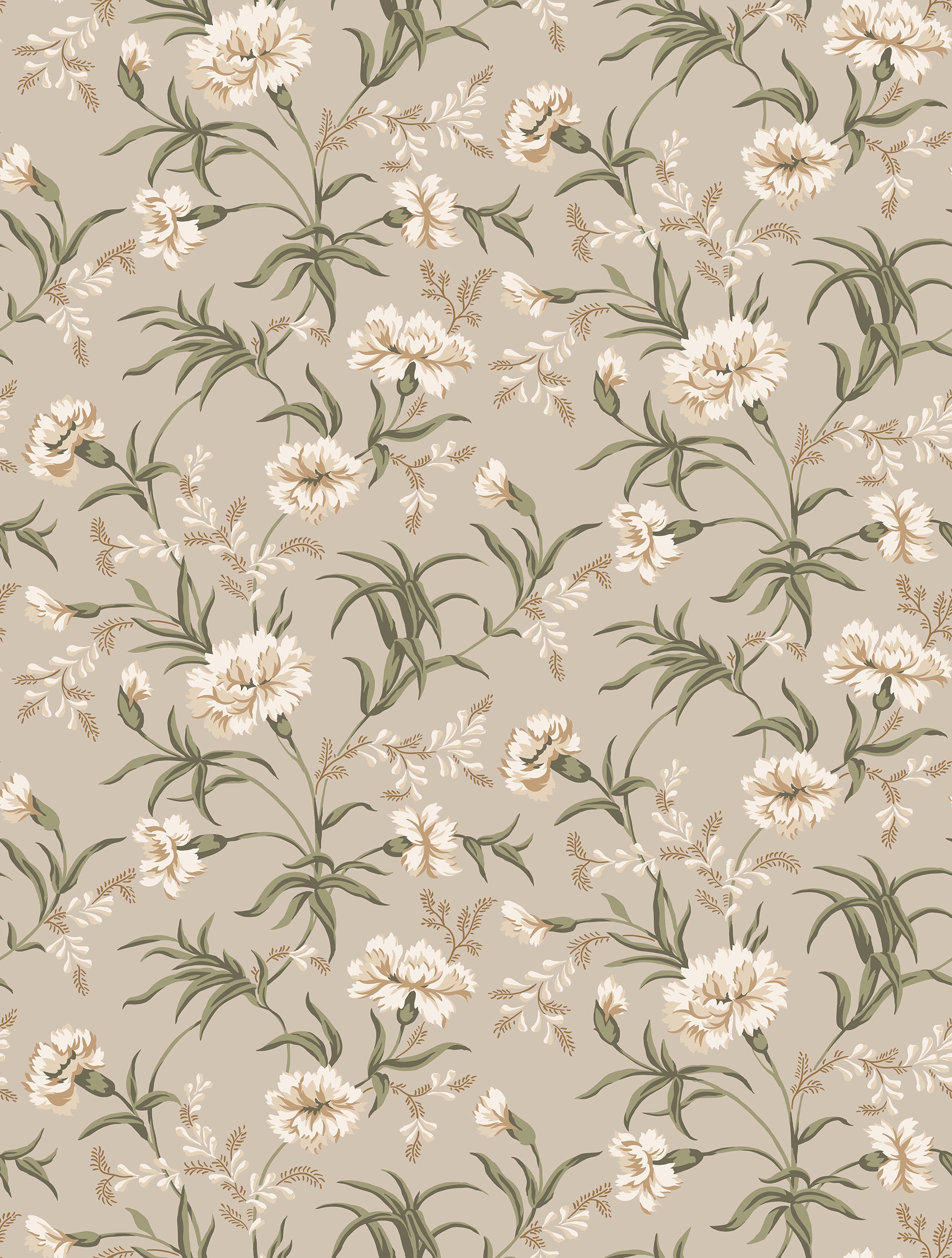 Emilie wallpaper by Sandberg, trailing carnations in cream and sage green on a soft beige ground, flat swatch