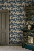 Ragnvi wallpaper by Sandberg in Midnight Blue, styled on an interior wall