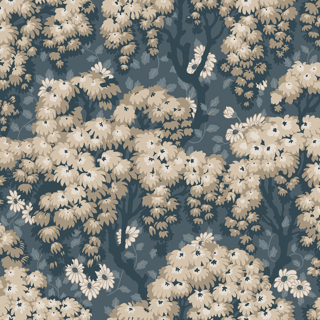 Ragnvi wallpaper by Sandberg in beige and cream, flat swatch of the chrysanthemum tree motif on a deep teal-blue ground
