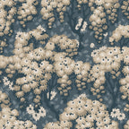 Ragnvi wallpaper by Sandberg in beige and cream, flat swatch of the chrysanthemum tree motif on a deep teal-blue ground