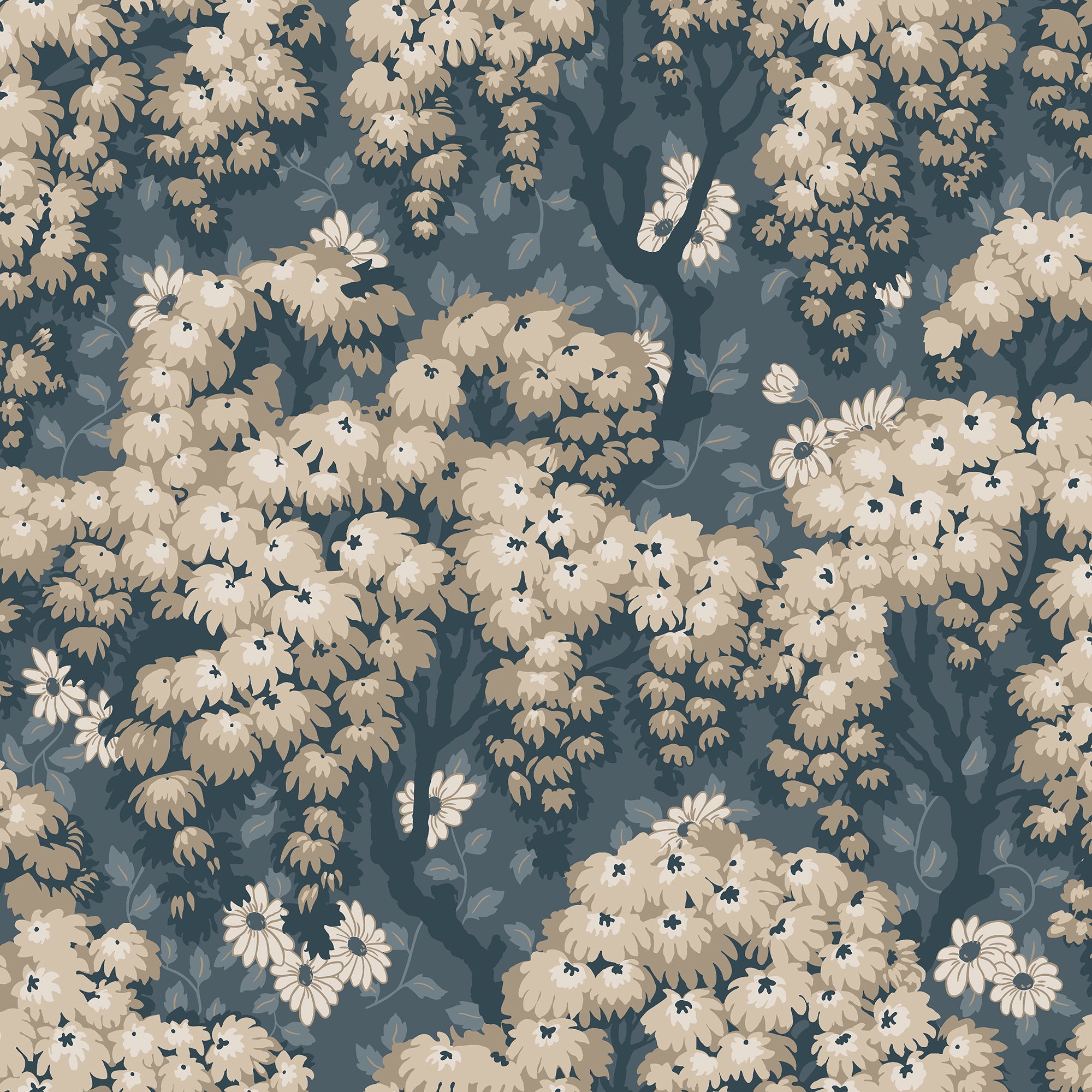 Ragnvi wallpaper by Sandberg in beige and cream, flat swatch of the chrysanthemum tree motif on a deep teal-blue ground
