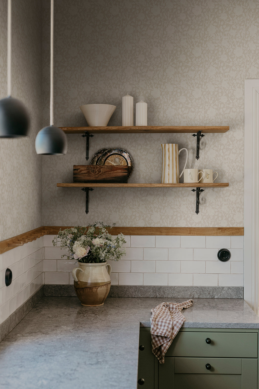 Anton wallpaper by Sandberg in Sandstone, styled on an interior wall