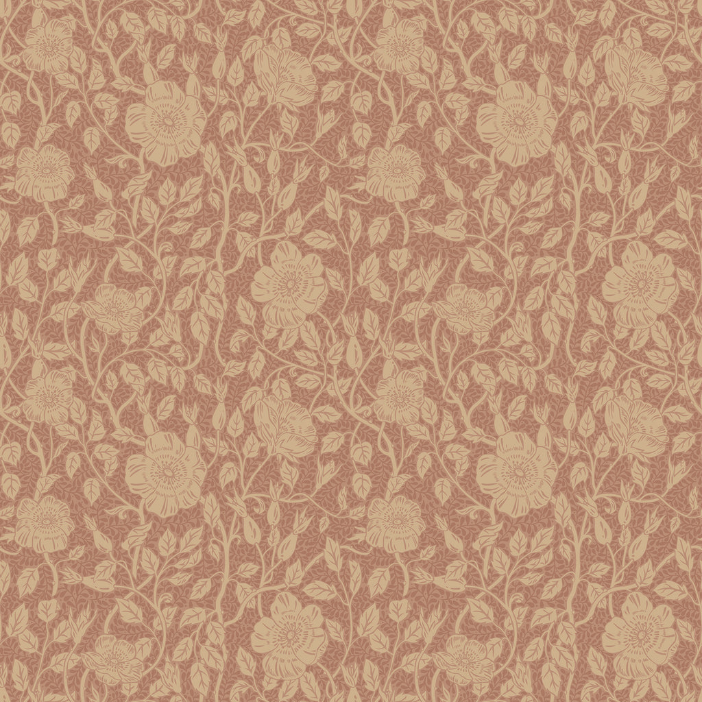 Anton wallpaper by Sandberg in terracotta and tan, fine trailing wild-rose floral, flat swatch