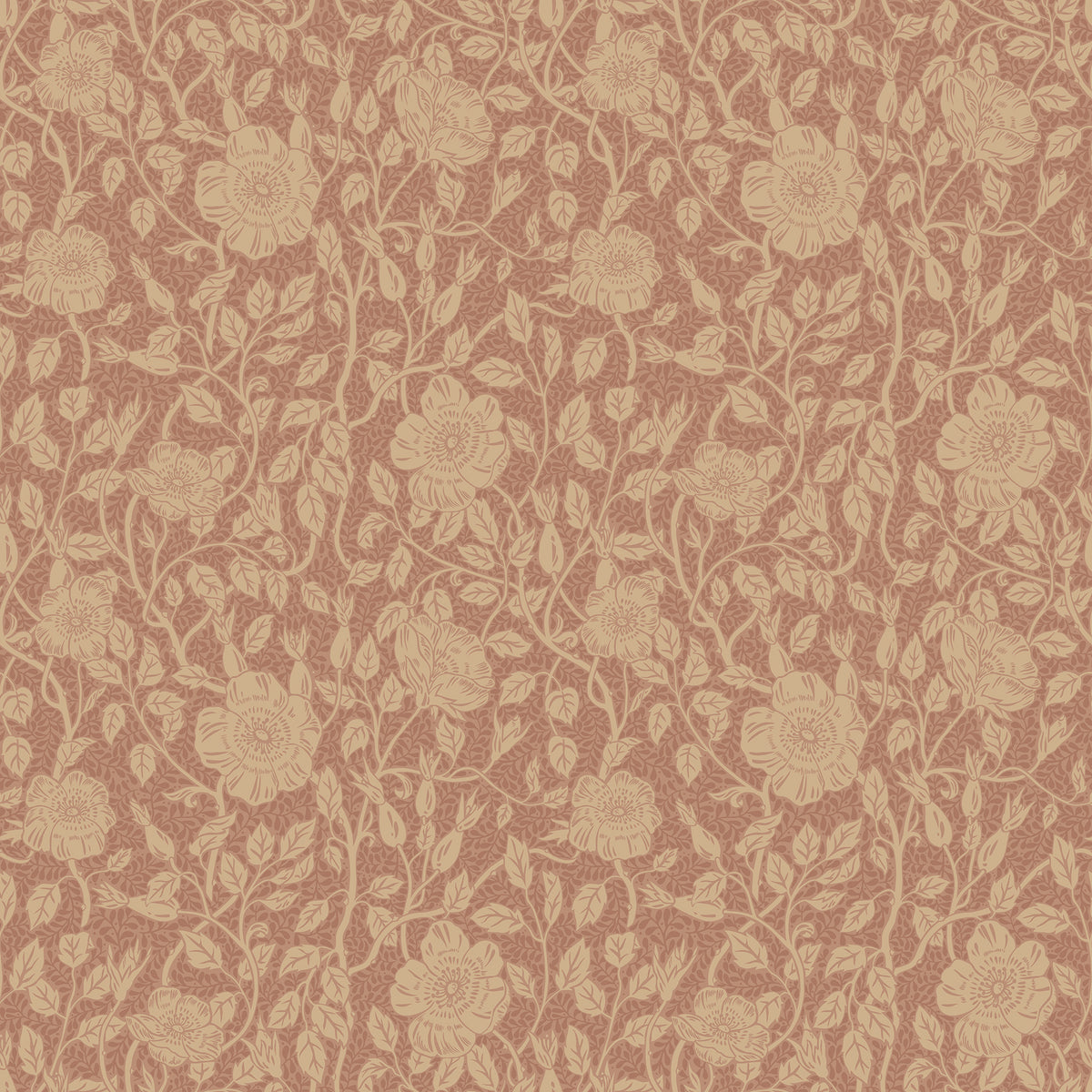 Anton wallpaper by Sandberg in terracotta and tan, fine trailing wild-rose floral, flat swatch