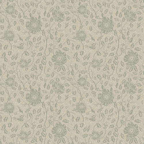 Anton wallpaper by Sandberg in muted sage green, delicate trailing rose floral on linen, flat swatch