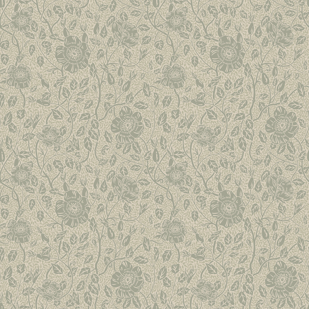 Anton wallpaper by Sandberg in muted sage green, delicate trailing rose floral on linen, flat swatch