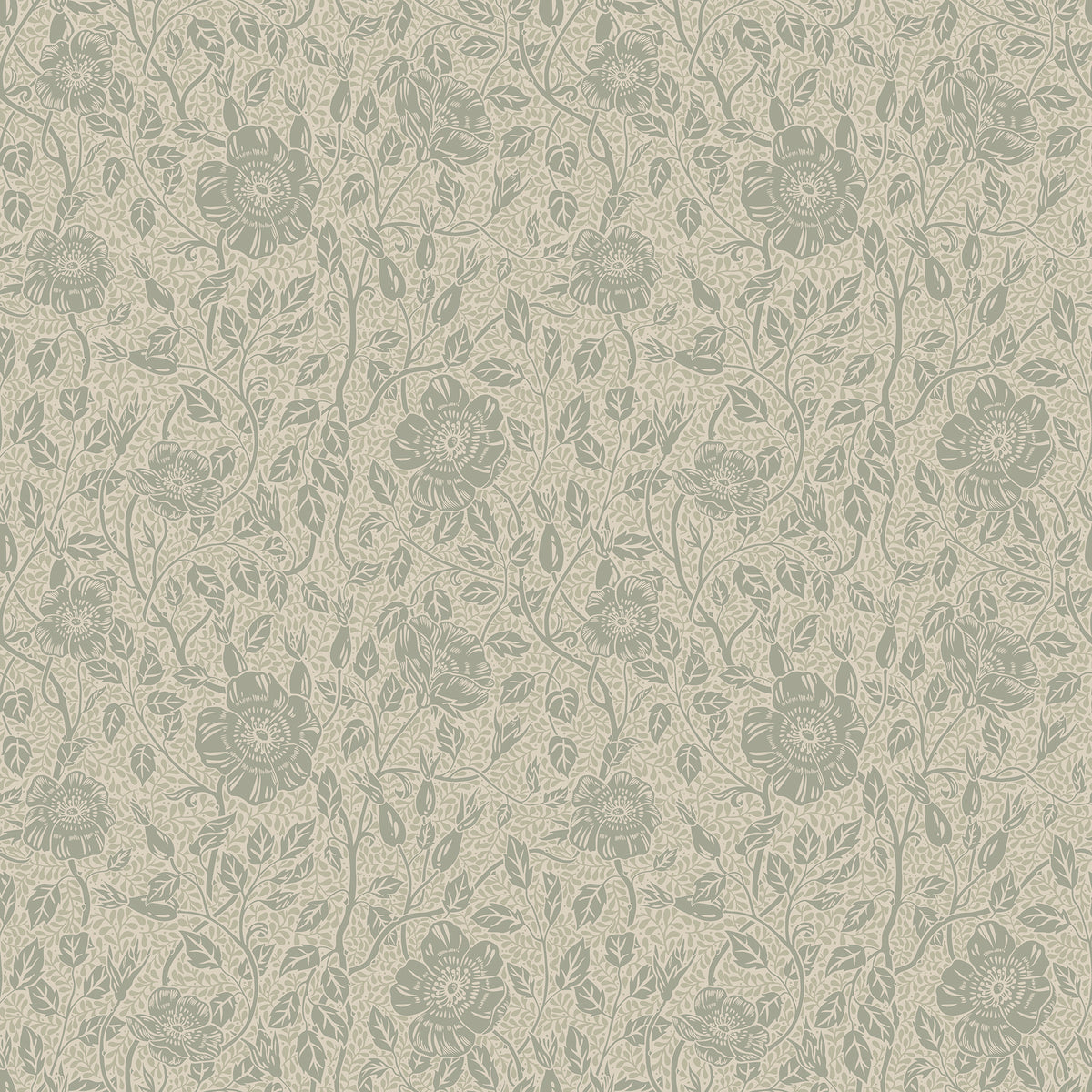 Anton wallpaper by Sandberg in muted sage green, delicate trailing rose floral on linen, flat swatch