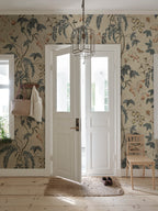 Ottilia wallpaper by Sandberg – floral design, Misty Blue, styled on an interior wall
