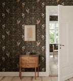 Louise wallpaper by Sandberg – botanical design, Dark, styled on an interior wall