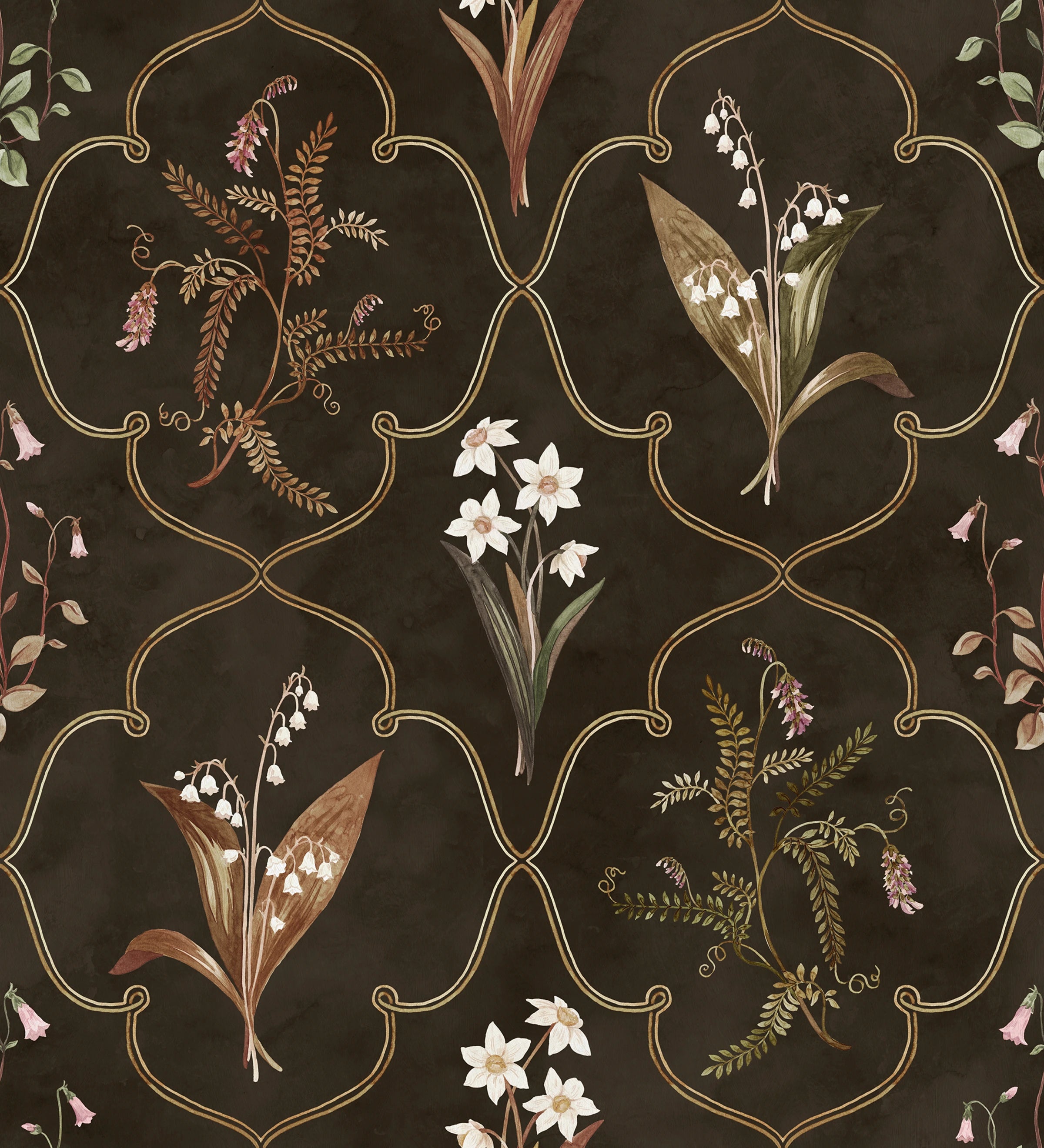 Louise wallpaper by Sandberg – botanical design, Dark, flat pattern repeat