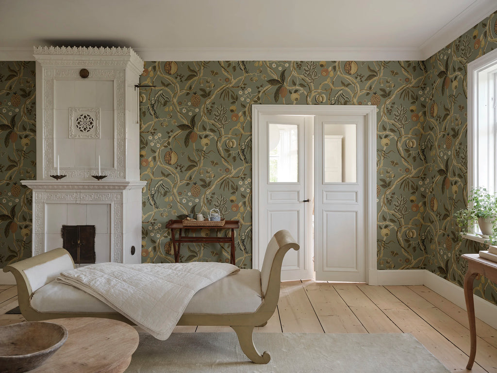 Tree of Life Mural wall mural by Sandberg – botanical design, Sage Green, styled in a second room setting