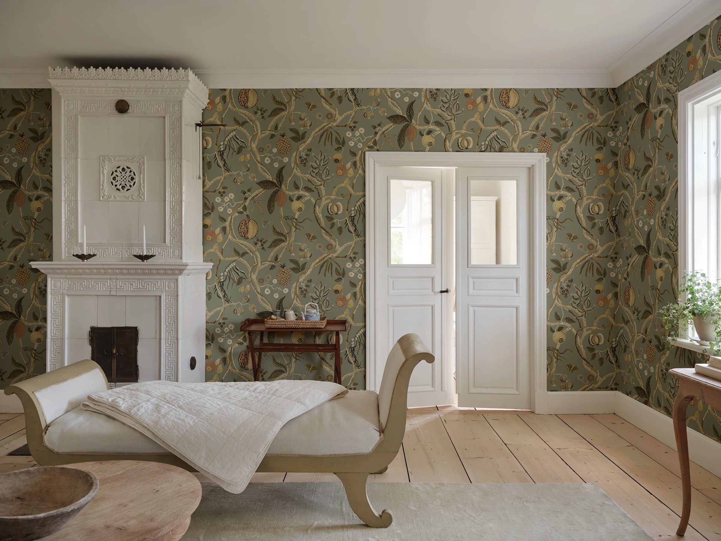 Tree of Life Mural wall mural by Sandberg – botanical design, Sage Green, styled in a second room setting