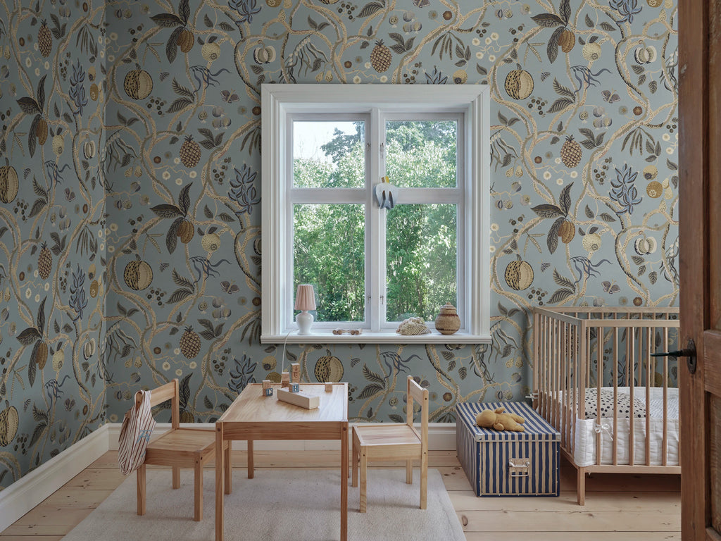 Tree of Life Mural wall mural by Sandberg – botanical design, Light Blue, styled in a second room setting