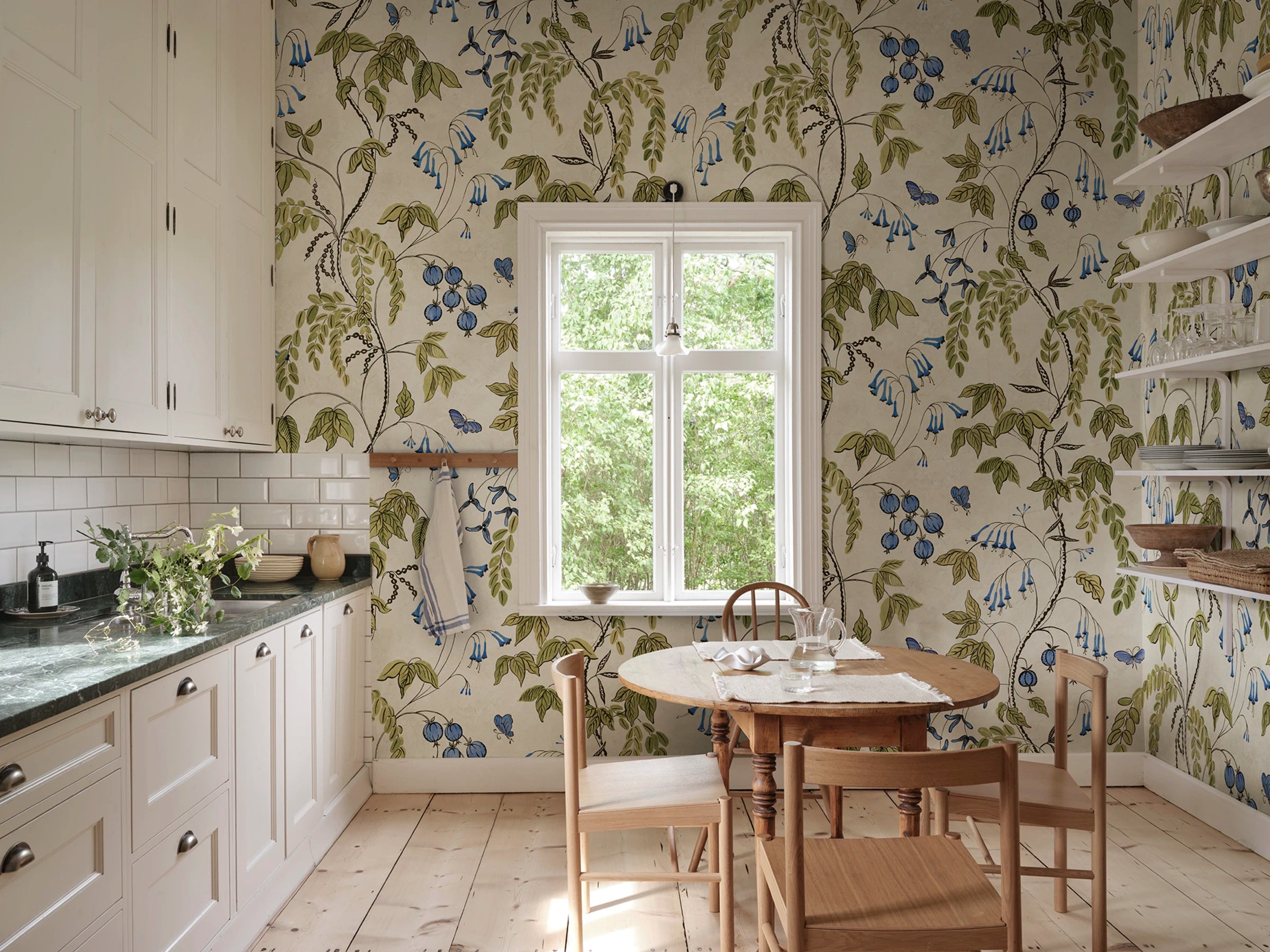 Ottilia wallpaper by Sandberg – floral design, Olive Green, styled on an interior wall