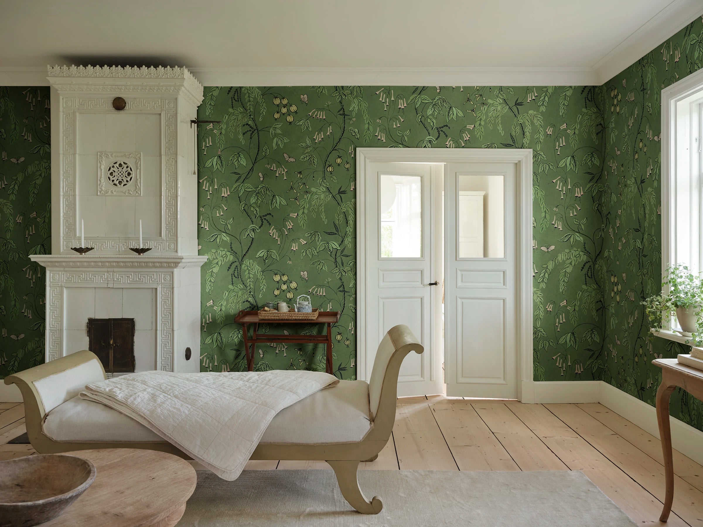 Ottilia wallpaper by Sandberg – floral design, Green, styled on an interior wall