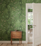 Ottilia wallpaper by Sandberg – floral design, Green, styled in a second room setting