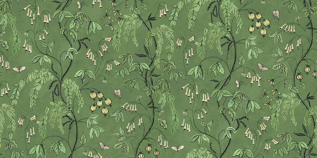 Ottilia wallpaper by Sandberg – floral design, Green, flat pattern repeat