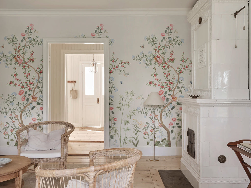 Eleonora wallpaper by Sandberg – floral design, Colorful, styled in a second room setting