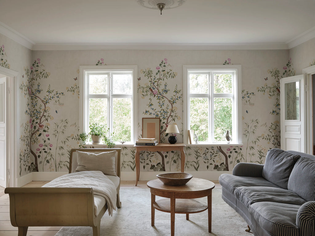 Eleonora wallpaper by Sandberg – floral design, Green, styled on an interior wall